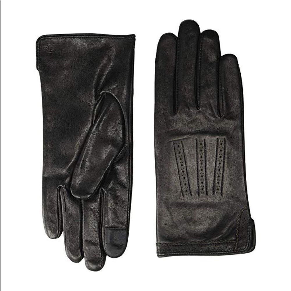 LAUREN Ralph Lauren BrogueโLeather Gloves (Black) Liner Gloves